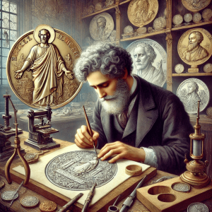 Artistic illustration of French medallist Becker working in his workshop