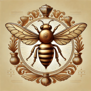 A detailed and elegant illustration of a bee symbol in gold, representing royalty and religious significance with decorative motifs.