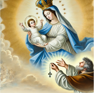 Illustration of Our Lady of Mount Carmel holding the Infant Jesus and brown scapular.