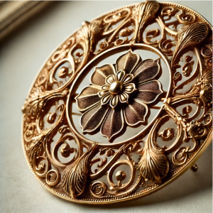 Antique gold brooch featuring intricate ciselure (chiseling) designs with floral and geometric patterns, showcasing the delicate craftsmanship of the chiseled metalwork.