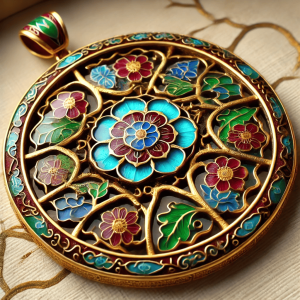 Antique cloisonné enamel pendant with intricate gold partitions and vibrant enamel colors in blue, red, and green, set in an elegant gold frame. The pendant showcases detailed floral and geometric patterns.