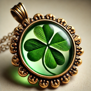 Close-up of a green preserved four-leaf clover encased in a vintage pendant, symbolizing luck, love, and protection.