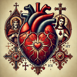 A detailed illustration of the heart symbol featuring the Sacred Heart of Jesus with cross and thorns, alongside religious motifs.