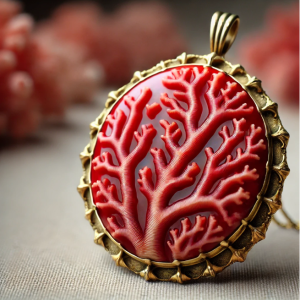 Antique coral pendant featuring naturally shaped coral branches set in a gold frame. The vibrant red coral retains its organic form, showcasing the beauty of coral in antique jewelry.