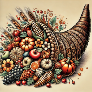 A detailed illustration of a cornucopia, or Horn of Plenty, overflowing with fruits, vegetables, and grains, symbolizing abundance and prosperity.