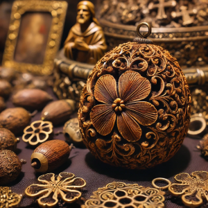 Ancient jewelry piece featuring intricately carved corozo nut with religious motifs.