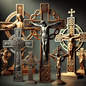 Elegant arrangement of traditional, Celtic, and San Damiano crucifixes