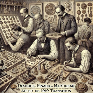 Desnoue, Pinaud, and Martineau engraving medals and designing jewelry in their workshop