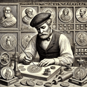 Godefroid Devreese engraving a medal surrounded by tools and finished pieces in his workshop