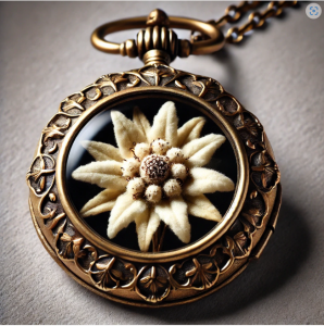 Close-up view of a dried edelweiss flower encased in a vintage gold locket pendant, symbolizing purity, love, and bravery.