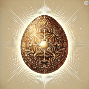 A detailed illustration of a symbolic golden egg, intricately designed and glowing, representing life, creation, and cosmic power.