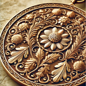 Antique gold medal featuring intricate engraved designs with floral and geometric patterns, showcasing the fine craftsmanship of historical engraving techniques.