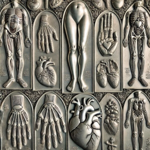 A detailed illustration of Ex Voto offerings featuring anatomical hearts, metal plaques, and religious icons displayed in a church shrine.