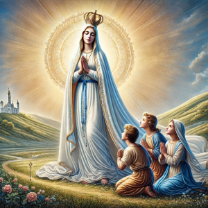 Illustration of Our Lady of Fatima appearing to three shepherd children holding rosaries.