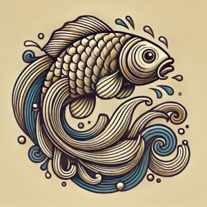 An intricate illustration of a fish symbol, featuring flowing lines and detailed scales, representing life, abundance, and transformation.