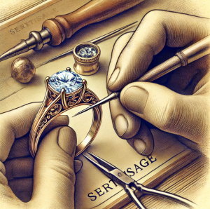 Illustration focusing on the gem setting (sertissage) technique, showing a jeweler positioning a gemstone into a gold ring using specialized tools.