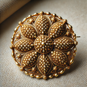 Antique gold brooch featuring the granulation technique with intricate geometric and floral patterns. The brooch showcases tiny gold beads, highlighting the fine craftsmanship of ancient granulation.