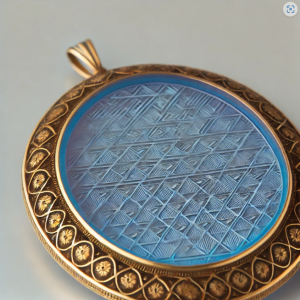 Antique pendant featuring intricate guilloché patterns with blue translucent enamel, set in an ornate gold frame.