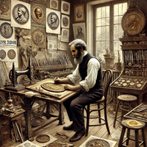 Henri Dubois engraving a medallion in his workshop