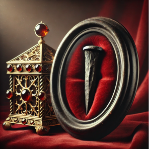 Ornate reliquary holding the Holy Nail relic on an altar in a dimly lit church.