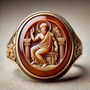 Antique ring featuring an intaglio-carved gemstone set in a gold bezel, displaying intricate recessed carvings of a mythological figure or religious symbol.