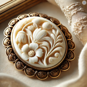 Antique ivory brooch featuring intricate carvings of flowers and leaves, set in a gold frame. The brooch highlights the smooth, creamy texture of the ivory, with detailed designs emphasizing the luxurious nature of antique ivory jewelry