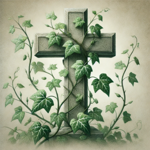 An elegant illustration of ivy vines wrapping around a stone cross, symbolizing eternal life and resilience.