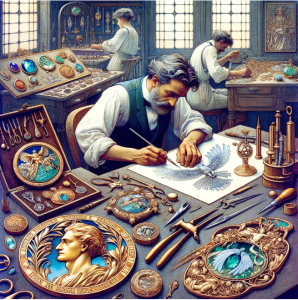 René Lalique creating jewelry and medals in his workshop with tools and finished designs