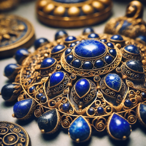 Ancient gold filigree jewelry featuring lapis lazuli stones with religious artifacts in the background.