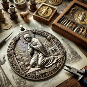 A finely detailed medallion designed by André Lavrillier, displayed in a traditional workshop