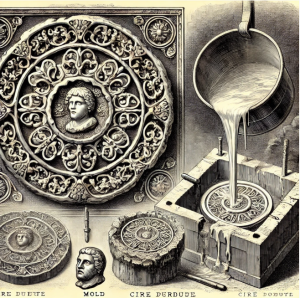 Illustration showing the lost-wax casting technique, featuring a wax model being coated with a mold and molten metal being poured into the mold cavity to replace the wax.