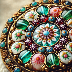 Antique millefiori glass brooch featuring vibrant, multicolored floral patterns, set in a gold frame. The intricate millefiori glass showcases tiny fused glass beads, reflecting the artistry of ancient glassmakers.