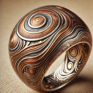 Antique mokumé-gane ring featuring intricate layered metal patterns resembling wood grain, crafted from copper, silver, and gold.