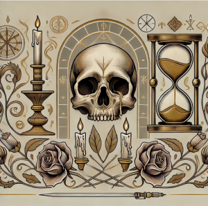 A detailed illustration of Memento Mori featuring a skull, hourglass, and wilted flowers, symbolizing death and the passage of time.