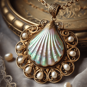 Antique necklace featuring a mother of pearl pendant in the shape of a seashell, set in gold with intricate designs. The nacre symbolizes purity, protection, and the ocean’s beauty, reflecting its natural origin.