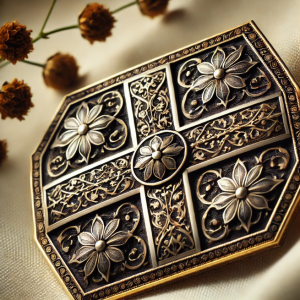 Antique niello brooch with intricate blackened silver designs featuring geometric and floral patterns, set in a gold frame. The niello inlay contrasts beautifully with the polished gold, showcasing expert craftsmanship.