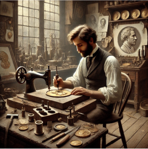 Oscar Roty working in his atelier, crafting a medallion