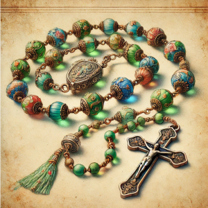 Antique-style rosary with colorful pâte de verre beads and metallic links.