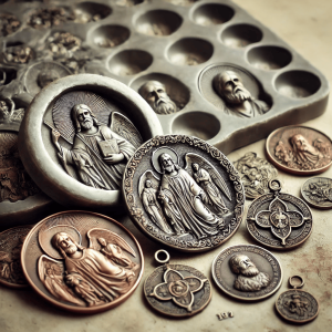 Pichard-Balme medal molds with religious medals beside them