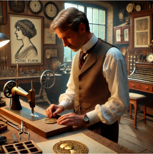 Pierre Turin working in his 1920s atelier, examining a detailed Art Deco medallion