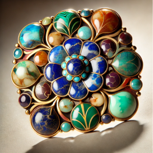 Antique pietra dura brooch featuring colorful semi-precious stones such as lapis lazuli, malachite, and jasper, arranged in a floral pattern. The stones are inlaid into a gold or silver frame, showcasing intricate stone marquetry.