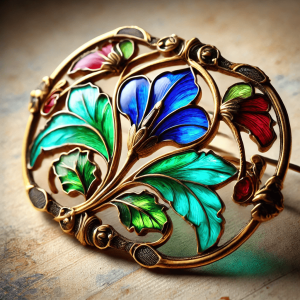 Antique plique-à-jour enamel brooch featuring vibrant, translucent enamel in blue, green, and red, set in gold with intricate floral metalwork. The brooch showcases the stained-glass effect of the plique-à-jour technique