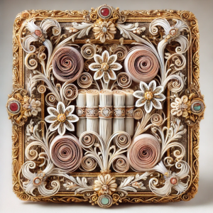 Antique reliquary featuring intricate paperolle (quilling) designs with floral and geometric patterns, set within an ornate gold and silver frame. Delicate paper scrolls and accents of silk and gemstones highlight the craftsmanship of Baroque religious relic decoration.