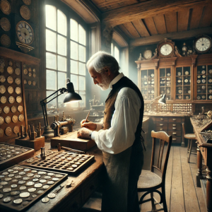 Raoul Bénard engraving a medallion in his traditional workshop