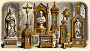 Illustration showing different types of reliquaries, including a bust reliquary, arm reliquary, portable box reliquary, and a shrine reliquary, crafted from gold, silver, and gemstones.