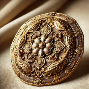 Antique gold brooch featuring intricate repoussé designs with raised floral and geometric patterns, showcasing the fine craftsmanship of the repoussé metalworking technique.