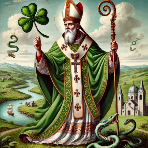 Illustration of Saint Patrick holding a shamrock with snakes fleeing in the background.