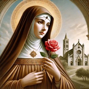 Saint Rita of Cascia holding a rose, symbolizing her miracles and devotion.