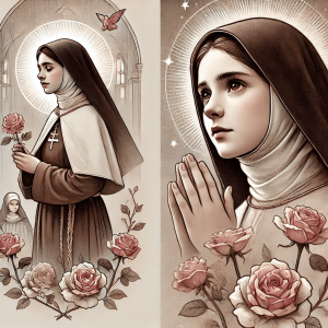 Saint Thérèse of Lisieux depicted in prayer with roses symbolizing her "little way" of love and faith.