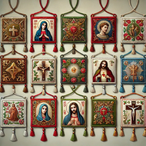 A detailed illustration showing various types of scapulars, including the Brown Scapular, Green Scapular, Red Scapular, and Blue Scapular.